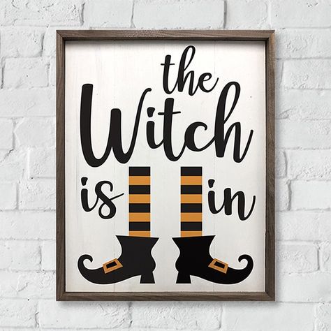 The Witch Is In Framed Halloween Sign The Witch Is In Sign, Witchy Farmhouse, Halloween Chalkboard, Witch Silhouette, Halloween Wood Signs, Halloween Figures, Rustic Halloween, Halloween Cans, Farmhouse Halloween