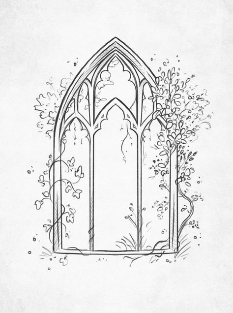 Magic Sketches Ideas, Gothic Tower Tattoo, Portal Door Tattoo, Castle Window Drawing, Garden Door Tattoo, Flowers And Vines Drawing, Whimsical Line Art, Simple Castle Tattoo, Door Tattoo Minimalist