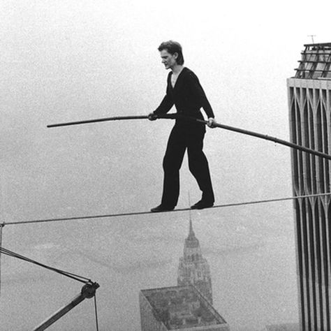 “The Man Who Walked Between the Towers” a wonderfully bizarre story of a French aerialist who in 1974 spent 90 minutes walking, dancing and even lying down on a wire that he strung across the two towers of the World Trade Center. - 9GAG Thrill Seeking, Two Towers, The Two Towers, Trade Centre, Twin Towers, Trade Center, The Walk, World Trade, World Trade Center