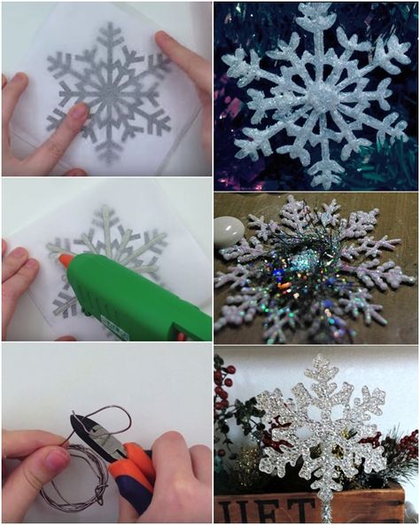 DIY Hot Glue Snowflake Ornament For Christmas Decoration. #DIY, #Crafts, #Christmas Leprechaun Handprint, Hot Glue Art, November Crafts, Handprint Christmas, Snow Flakes Diy, Handprint Craft, 26 November, Glitter Crafts, Crafts Easy