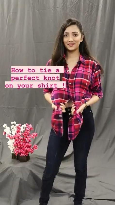 How to tie a perfect knot on your shirt ! [Video] | Diy fashion, Refashion clothes, Fashion hacks clothes Tank Top Tied In A Knot, Knot On Shirt How To Tie, How To Tie A Hawaiian Shirt, How To Properly Tie A Knot On A Shirt, How To Tie Shirt Strings, How To Tie Plaid Shirt, Front Tied Shirt, How To Tie A Collared Shirt, How To Tie Your Shirt In A Knot Tutorial