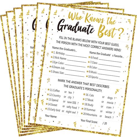 PRICES MAY VARY. 60 Count Set: Includes fun graduation party game cards designed for guests to test how well they know the graduate Card Details: Made of sturdy cardstock, each card measures approximately 5" x 7" with ample space for guests to write their answers How to Play: Have the graduate answer the questions first. Then, distribute the game cards to guests and provide pens so they can circle their answers. The guest with the most correct answers wins! Design Features: The game cards featur Who Knows The Graduate Best, Supplies For High School, Graduation Games, Graduation Party Games, Game Card Design, College Graduation Parties, The Graduate, Game Cards, Graduation Cards