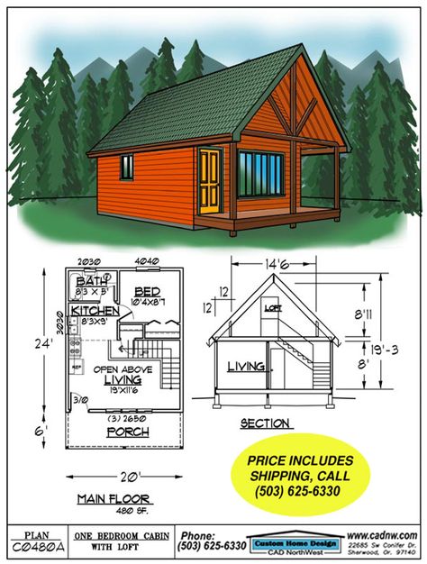 20x24 Cabin, Cabin With Loft, Granny Suite, Small Cabin House, Cabin Plans With Loft, Small Cabin Plans, Rustic Cabins, House Plan With Loft, Diy Cabin