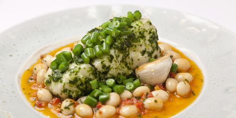 Cod with White Beans Recipe - Great British Chefs Cod Loin Recipes, White Bean Recipes, Cod Recipe, Lemon Green Beans, Chorizo Recipes, Great British Chefs, Cod Recipes, Tomato Vegetable, Plum Tomatoes