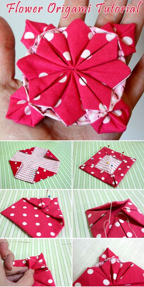 Fabric Flower Origami Tutorial ~ Free-Tutorial.net Fabric Origami Flowers, Folded Fabric Ornaments Free, Fabric Origami Products, Fabric Origami Tutorial, Folded Fabric Christmas Ornaments Origami Stars, Fabric Origami Christmac Ornaments, Origami Ornaments, Folded Fabric Ornaments, Fabric Origami