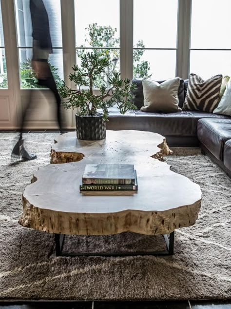 Coffee Table Looks You'll Love | HGTV Tree Trunk Coffee Table, Wooden Coffee Table Designs, Stump Coffee Table, Coffee Table Designs, Coffee Table Inspiration, Neutral Furniture, Coffee Table Trunk, Unique Coffee Table, Table Inspiration