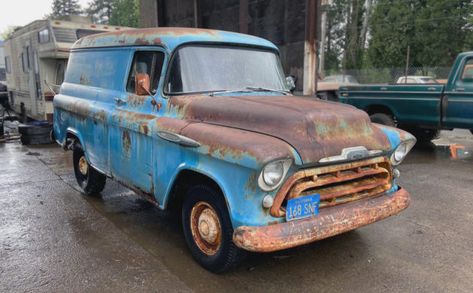 This 1957 Chevrolet 3100 Panel Truck looks solid and the seller is asking $3,800 or best offer. How would you restore this one?  #Chevrolet 57 Chevy Trucks, Jeep Pickup Truck, Tv Reality, Trucks Lifted, Chevy Trucks Older, Chevrolet 3100, Wait A Minute, Old Ford Trucks, 57 Chevy