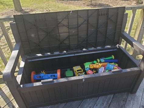 Patio Toy Storage, Porch Toy Storage, Outside Toy Storage, Outdoor Toy Storage Ideas, Kid Storage, Outdoor Toy Storage, Toy Bins, Unique Storage, Kid Toy Storage