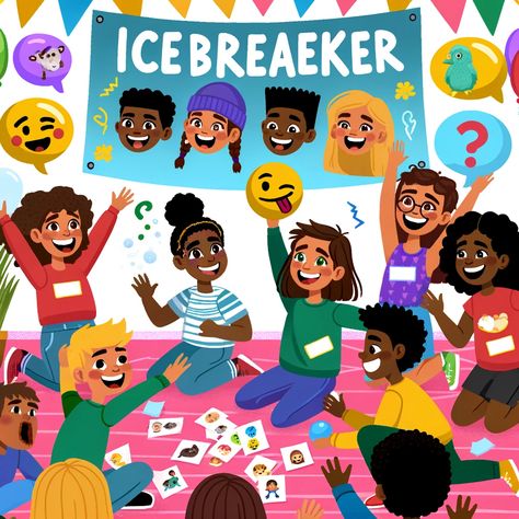 An animated depiction of children engaged in lively icebreaker games, laughing and bonding over creative and funny challenges at a party, surrounded by colorful emojis and playful props Ice Breaking, Emoji Charades, Youth Groups Games, Icebreakers For Kids, Fun Games For Adults, Youth Group Lessons, Fun Icebreakers, Youth Group Games, Playing Card Games