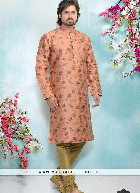 Peach Color Silk Kurta Pajama For Mens Color of this Kurta Set is peach. Fabric of this set is jacquard silk. Work of this outfit is embroidered and  woven. Ku... Brocade Kurta, Silk Brocade Fabric, Kids Wear Girls, Designer Kurta, Kurta Pyjama, Mens Clothing Store, Woven Art, Silk Bottoms, Kurta Pajama