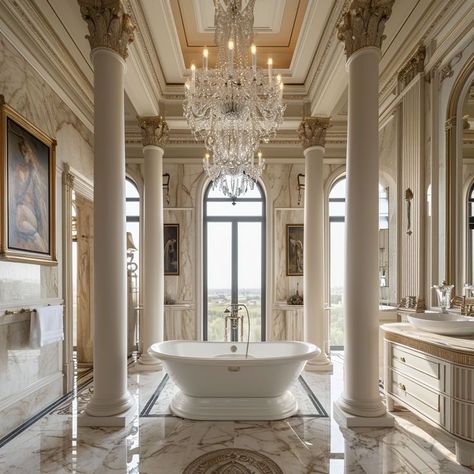 Fancy Bathroom Luxury, Old Money Bathroom, Bathroom Tub Ideas, Tile Ideas Bathroom, Mansion Bathroom, Room Ideas Bathroom, Manor Aesthetic, Grand Mansion, Royal Bathroom