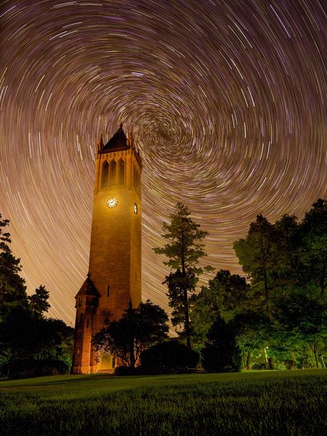 The Camponile at Iowa State, Ames, on an August night in 2019 Ames Iowa, Bright Minds, Star Trails, Iowa State, Night In, Iowa, Celestial Bodies