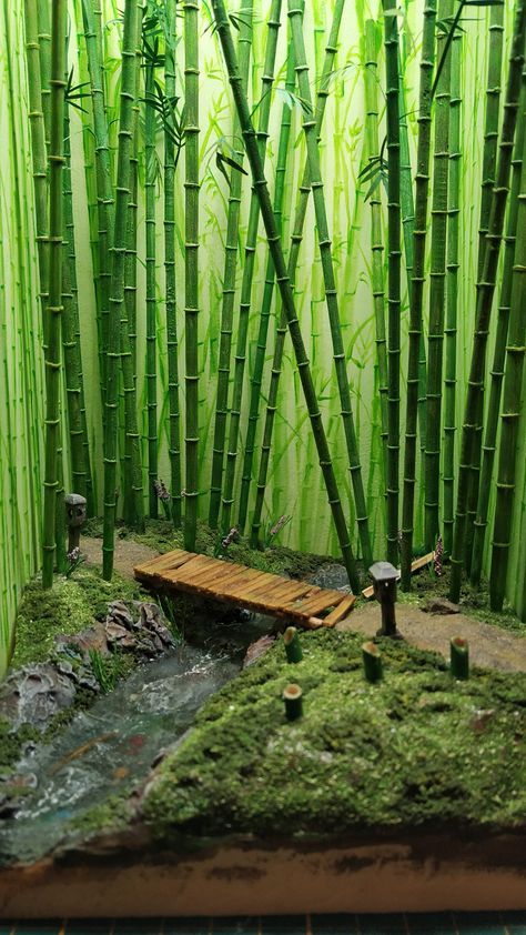 Bamboo forest bookshelf diorama book nook Simple Diorama Ideas, Bamboo Forest Drawing, Booknook Forest, Forest Bookshelf, Island Diorama, Forest Book Nook, Diorama Nature, Multidimensional Art, Movie Diorama