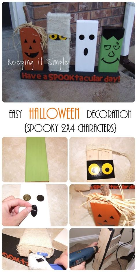 Super easy and fun Halloween decoration idea using 2x4s, paint and vinyl.  Halloween 2x4s Wood Halloween Decorations, 2x4 Crafts, Fall Wood Crafts, Hallowen Ideas, Halloween Wood Crafts, Halloween Characters, Easy Halloween Decorations, Fun Halloween Decor, Fall Halloween Crafts