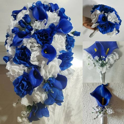 Horizon Royal Blue White Rose Calla Lily Bridal Wedding | Etsy Shoulder Corsage, Bouquet Accessories, Calla Lily Bridal, Bridal Wedding Bouquet, Cascading Bouquet, Bouquet Holder, Bouquet Toss, Cascade Bouquet, Groom Boutonniere