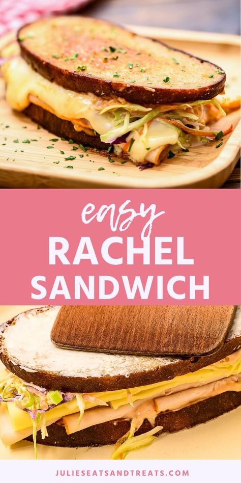 Love a delicious grilled cheese? Level up your game with an easy Rachel Sandwich. This grilled sandwich has layers of turkey, coleslaw, Swiss cheese and Russian dressing that is stuffed between two pieces of toasty grilled Rye bread. It's a new twist on a classic Reuben Sandwich. #rachel #sandwich Rachel Sandwich, Rye Bread Sandwiches, Cold Sandwich Recipes, Rye Bread Recipes, Best Sandwich Recipes, Gourmet Grilling, Russian Dressing, Cold Sandwiches, Reuben Sandwich