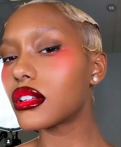 Red Lip No Makeup, Red Blush Black Women, Red Lip Aesthetic Makeup, Red Blush Makeup Look, Cherry Makeup Look, Red Eyeshadow Looks, Red Glossy Lips Makeup, Bold Red Lip Makeup Black Women, Cranberry Makeup