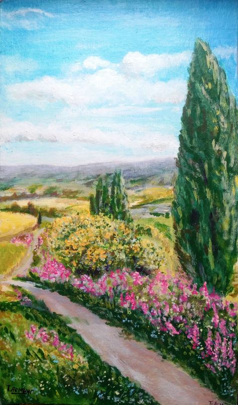 Countryside Acrylic Painting, Tuscany Italy Painting, Flower Garden Acrylic Painting, Tuscany Landscape Painting, Painting Ideas Italy, Italy Painting Acrylic, Italian Landscape Paintings, Italy Landscape Painting, Tuscany Paintings