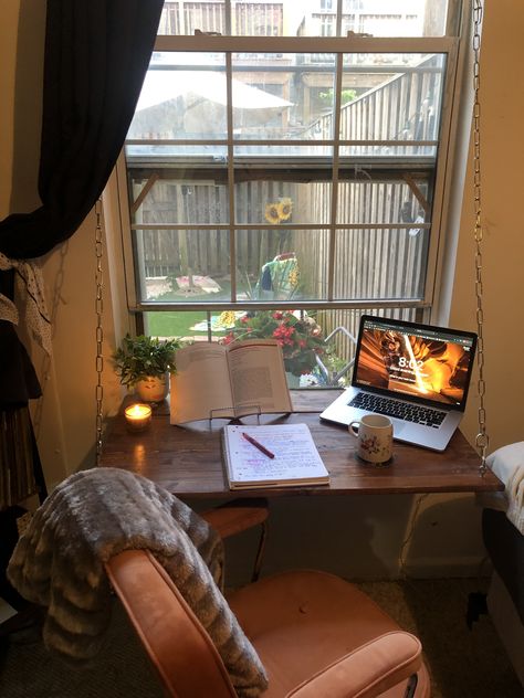 Collapsable window sill desk. Perfect for small bedroom. Desk By The Window Aesthetic, One Window Small Bedroom Ideas, Small Room With Big Window, Desk At Window Bedroom, Small Desk By Window, Study Desk Near Window, Desk Against Window Aesthetic, Desk Setup By Window, Desk By Window Aesthetic