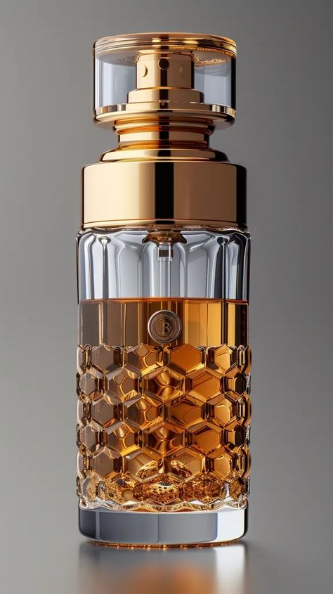 Transparent perfume bottle with golden cap and honeycomb pattern. Cologne Packaging Design, Luxury Perfume Bottle Design, Unique Perfume Bottles, Luxury Bottle Packaging, Fragrance Bottle Design, Fragrance Packaging Design, Kate Spade Perfume, Product Animation Video, 3d Product Animation