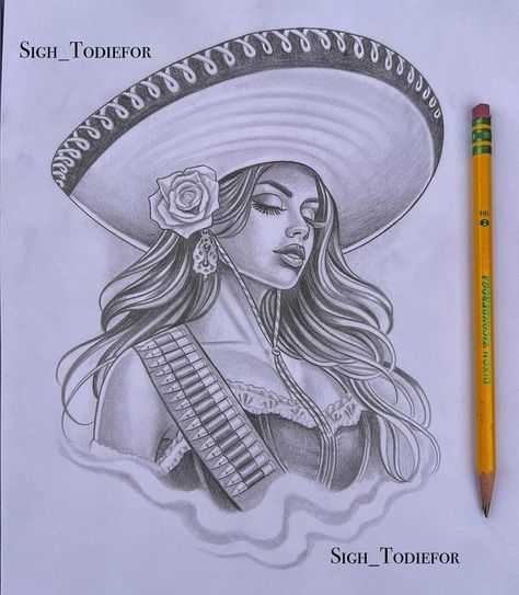 Mexicana Drawings, Rowdy Tattoo, Chicano Oldies, Charra Tattoos, Female Mariachi Tattoo, Charra Tattoos Mexican, Mariachi Drawing, Mexican Pinup Tattoos, Mexican Charra Drawing