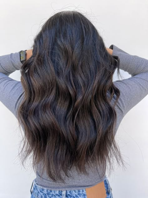 Brown Hair With Dark Highlights Black, Black Color Haircuts, Dark Brown Black Balayage, Dark Brown Hair Balayage On Black Hair, Brown Almost Black Hair Color, Dark Brown On Black Hair, Black Hair For Fall, Dark Brown Hair Black Highlights, Balayage Black To Brown