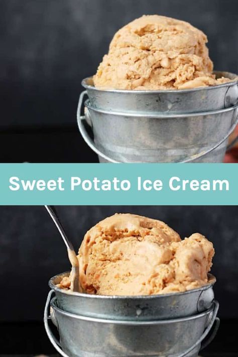 Spiced Sweet Potato Ice Cream made with brown butter, cinnamon and a hint of bourbon. This homemade ice cream is the perfect fall treat.  #homemadeicecream #icecreamrecipe #sweetpotatodessert Sweet Potato Ice Cream Recipe, Sweet Potato Ice Cream, Potato Ice Cream, Sweet Potato Dessert, Ice Cream Recipes Machine, Easy Homemade Ice Cream, Gourmet Ice Cream, Butter Cinnamon, Frozen Snack