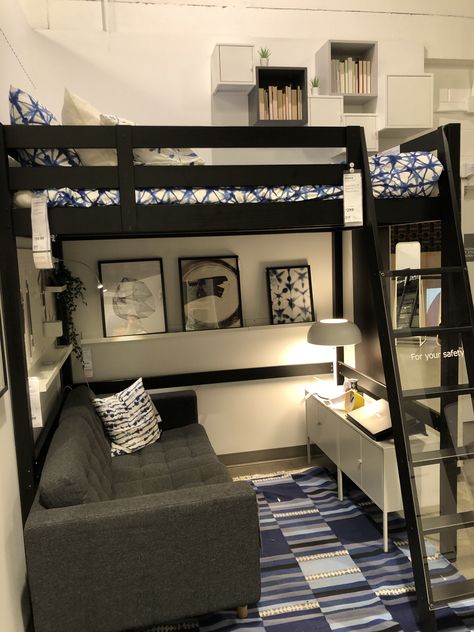 Loft Metal Bed, Ikea Room Inspiration Bedroom, Loft Bed Side Table Ideas, Cool Small Bedrooms, Cama Stora Ikea, Lift Bed With Desk, Small Bedroom Ideas With Loft Bed, Loft With Couch Underneath, Ikea Tiny Bedroom Ideas