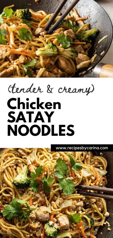 A delicious stir fry of tender chicken, egg noodles and fresh vegetables with a creamy peanut sauce. These Satay Chicken Noodles will become one of your favourite mid week meals! Satay Noodles Recipe, Chicken Satay Stir Fry, Chicken Satay Noodles, Satay Chicken Stir Fry, Asian Chicken And Noodles Recipe, Satay Chicken Noodles, Creamy Peanut Noodles With Chicken, Thai Peanut Noodles With Chicken, Thai Peanut Sauce Noodles And Chicken