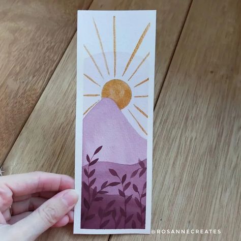 Purple Bookmark, Teacher Crafts, Beautiful Bookmarks, Handmade Bookmarks Diy, Cute Bookmark, Painting Purple, Mountain Painting, Future Teacher, Watercolor Sunset