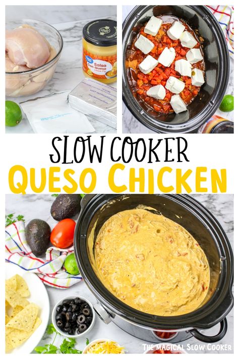 Crock Pot Chicken Nachos Recipe, Salsa Con Queso Chicken Crockpot, Crock Pot Queso Chicken, Chicken Queso Tacos Crockpot, Chicken Rotel Crockpot, Slow Cooker Queso Chicken Tacos, Rotel Chicken Crock Pot, Chicken Nachos With Queso, Queso Chicken Crockpot