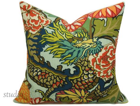 Chiang Mai Dragon  20 inch  Decorative pillow by studiotullia Sui Mai, Dragon Fabric, Schumacher Chiang Mai Dragon, Dragon Pillow, Chiang Mai Dragon, Chinoiserie Motifs, Cushion Cover Designs, Outdoor Pillow Covers, Floral Pillow Cover