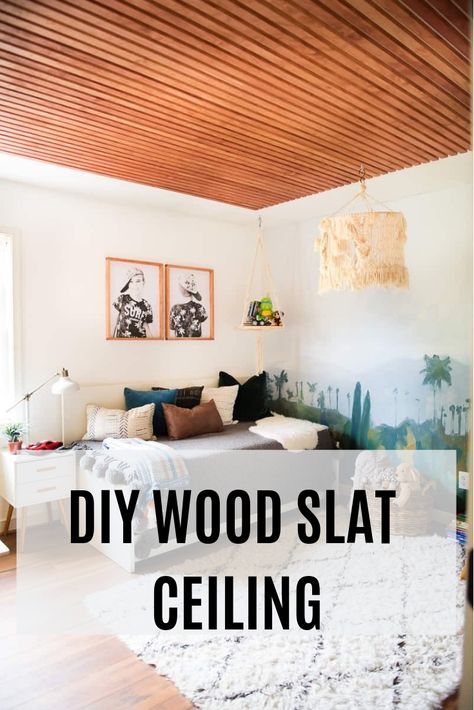 This wood ceiling is so awesome! Wow! I love how easy it is to DIY! Check out this fun tutorial! #diy #woodceiling #woodproject #woodslatceiling Diy Wood Ceiling, Wood Ceiling Bedroom, Modern Wood Ceiling, Slat Ceiling, Wood Ceiling Panels, Wood Slat Ceiling, Wood Plank Ceiling, Wooden Ceiling Design, Wooden Wall Panels