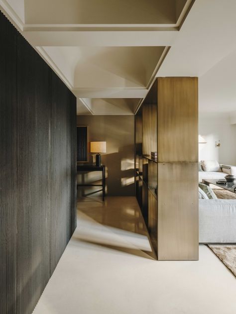 Low Sofa, Hall And Living Room, Limestone Flooring, Isamu Noguchi, An Aesthetic, Coffered Ceiling, Global Design, Upholstered Headboard, Architectural Elements