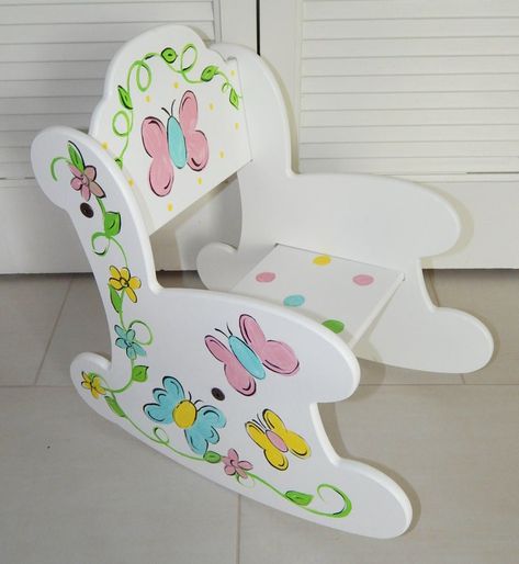 Personalized and Hand Painted Rocking Chair. | Etsy Painted Kids Chairs, Toddler Rocking Chair, Personalized Step Stool, Painted Rocking Chairs, Kids Rocking Chair, Fantasy Bedroom, Paint Rock, Outdoor Decor Backyard, Hand Painted Rocks