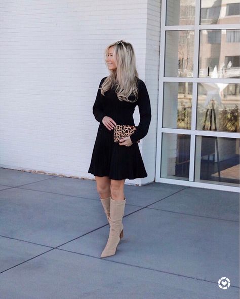 Knee High Boot Outfit, Black Knee High Boots Outfit, Beige Sweater Dress, Flare Sweater Dress, Knitted Jumper Dress, Sweater Dress Outfit, Beige Outfit, Trendy Blouses, Trendy Blouse Designs