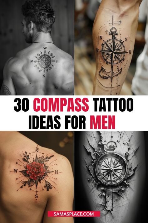 Compass tattoo ideas for men with designs symbolizing direction and adventure. Leg Tattoos Men Thigh, Compass And Stars Tattoo, Adventure Compass Tattoo, Arrow Compass Tattoo Men, Tree And Compass Tattoo, Tattoo Designs Men With Meaning, Mens Compass Tattoo, Compass Back Tattoo, Spine Tattoos Men