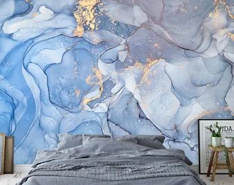 High Quality Mural Wall Art by PerWakWallArt on Etsy Light Blue Marble Wallpaper, Teal Marble Wallpaper, Marble Texture Wallpaper, Blue Marble Wallpaper, Marble Effect Wallpaper, Watercolor Mural, Marble Wall Mural, Turquoise Wallpaper, Classic Wallpaper