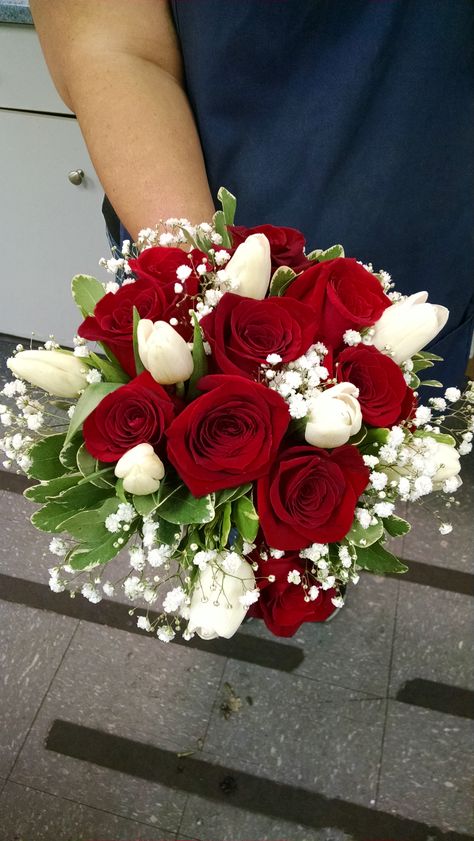 Red Roses, White Tulips, Babies Breath and Pitosporum Handbouquet Wedding, Wedding Flowers Red Roses, Red Tulips Bouquet, Red Rose Bridal Bouquet, White Tulip Bouquet, Prom Flowers Bouquet, Red Flower Bouquet, Homecoming Flowers, Red Bridal Bouquet