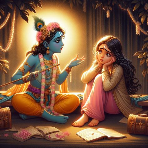 Krishna With Girl Devotee, Krishna And Devotee Girl, Krishna Bhakt Girl, Krishna Hugging Devotee, Krishna Devotee Girl, Devotee Of Krishna, Krishna Sakhi, Buddhist Art Drawing, Sky Anime