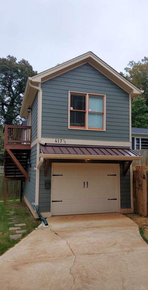 Loft Above Garage Cabin, Detached Garage Ideas With Apartment, Loft Over Garage Ideas, Single Garage With Room Above, Two Story One Car Garage, Small Carriage House Garage, Single Car Garage With Apartment Above, First Floor Garage House, Small Garage With Loft