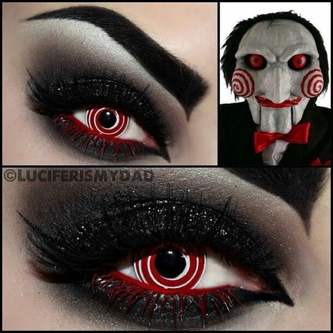 Saw Makeup, Jigsaw Makeup, Jigsaw Costume, Jigsaw Halloween, Cosplay Disney, Eyeliner Designs, Halloween Coustumes, Special Fx Makeup, Halloween Eye Makeup