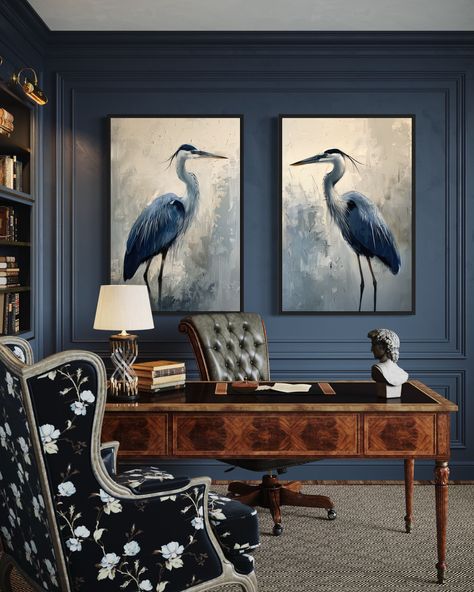 Enhance your coastal decor with this stunning Set of 2 Blue Herons Wall Art. These abstract heron paintings capture the graceful beauty of coastal birds, adding a touch of elegance to any room. Each canvas print is meticulously crafted, showcasing the fluid lines and vibrant hues of the blue herons. Available framed and ready to hang, this artwork offers a convenient and stylish way to elevate your living room, bedroom, or office decor. The abstract design and coastal theme make these prints a perfect addition to both modern and traditional interiors. Enjoy the serene and sophisticated charm of these heron paintings, and let them bring a sense of tranquility to your home. This is a SET OF TWO paintings! MEASURE YOUR SPACE! Measure your space well! Ask for a FREE mockup if unsure, because R Ocean Birds Painting, Audubon Prints Living Room, Bedroom Inspirations With Panelling, Blue Heron Painting, Blue Heron Art, Birds Wall Art, Heron Art, Coastal Birds, Coastal Theme