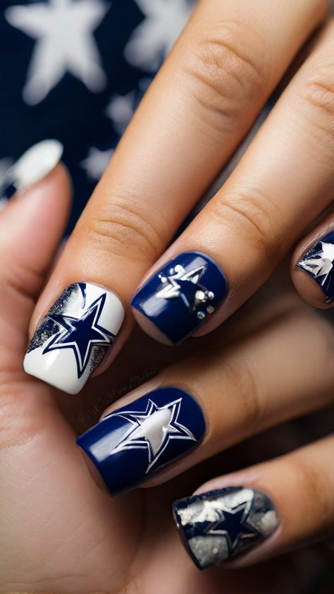 For fans looking to express their support and enthusiasm for their favorite NFL team, nail art offers a unique and stylish way to do so. Focusing on the Dallas Cowboys, one of the most iconic teams in the NFL, fans can wear their loyalty right at their fingertips. Whether you're a nail technician or a fan looking for your next manicure idea, these AI-generated designs can Dallas Cowboys Nail Designs, Cowboys Nails, Dallas Cowboys Nails, Nfl Nails, Cowboy Nails, Dallas Cowboys Game, Camo Nails, Kids Nail Designs, Cowboy Theme