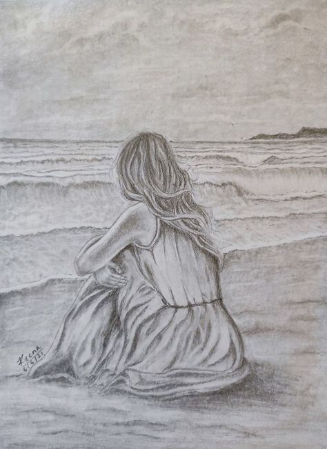 Mermaid Sitting On A Rock Drawing, Calm Nature Drawing, Pencil Drawings People, Beach Scene Drawing Pencil, Pretty Drawings Aesthetic, Drawing Ideas Beach, Drawing Of Ocean, Beach Drawing Sketches, Drawing Of Beach