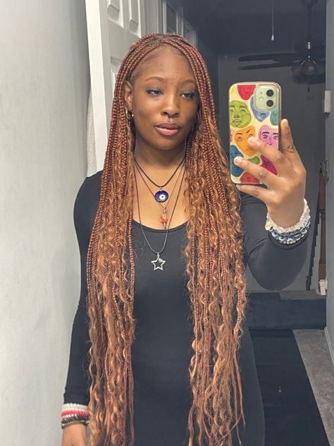 Ginger And Blonde Goddess Braids, Ginger And Brown Braids, Types Of Box Braids, Ginger Brown Braids, Box Braid Colors, Copper Braids Black Women, Goddess Braids Color, Brown Goddess Braids, Ginger Goddess Braids