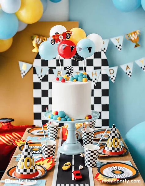 Get ready to throw an epic race car themed party of the year! Discover amazing kid-friendly ideas to transform your home into a vintage racetrack, complete with vintage race cars, checkered flags, and more! It's perfect for kid's TWO FAST second birthday party or FAST ONE first birthday party. Check out momoparty.com for more race car themed party supplies and decorating ideas now! Hotwheels Birthday Party, Daniel 3, Race Car Themes, Hot Wheels Party, Hot Wheels Birthday, Car Themed Parties, Car Birthday Theme, Race Car Birthday Party, Cars Theme Birthday Party