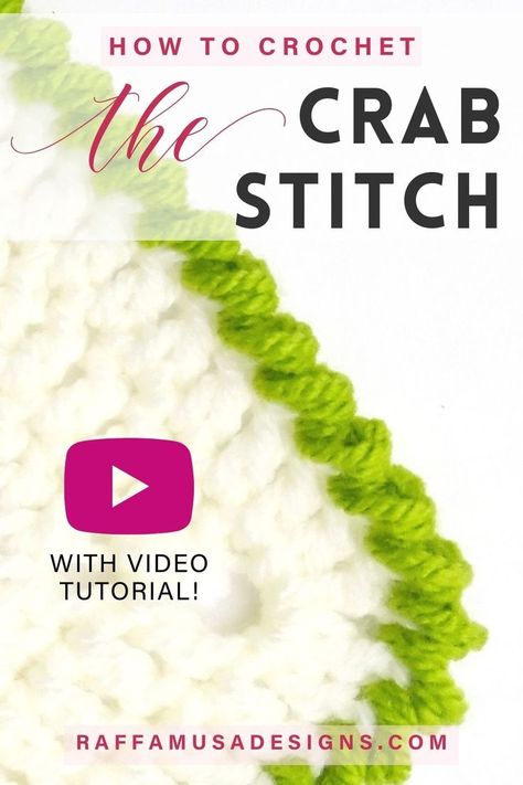 A crochet crab stitch edging border made in green yarn Crochet Borders Tutorial, Crab Crochet Stitch, Crochet Instructions For Beginners Step By Step, Crochet Borders Patterns, Reverse Single Crochet Stitch, Reverse Crab Stitch Crochet, Single Crochet Edging, Crochet Blanket Edging Easy, Crab Stitch Crochet Border