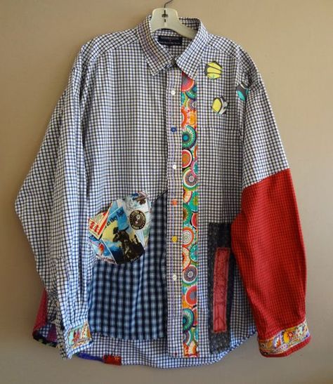 Funky Shirt, One Direction Shirts, Funky Shirts, Patchwork Clothes, Altered Couture, Matching Couple Shirts, Shirt Refashion, Altering Clothes, Upcycled Fashion