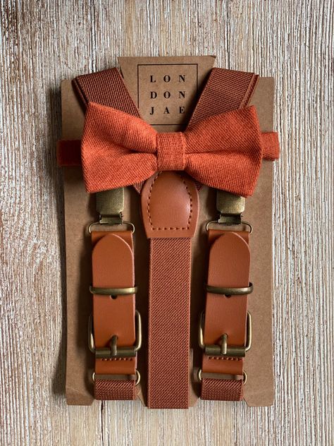 Fall Ring Bearer Outfit, Ring Bearer Suspenders Bow Tie, Rustic Wedding Outfit, Burnt Orange Bow Tie, Orange Bow Tie, Wedding Suspenders, Suspenders For Men, Brown Suspenders, Orange Wedding Colors